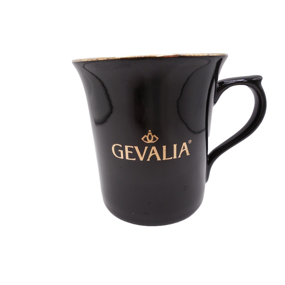 Gevalia Black / Gold Logo Porcelain Coffee Mug 3.75" Tall Capacity 10 oz
